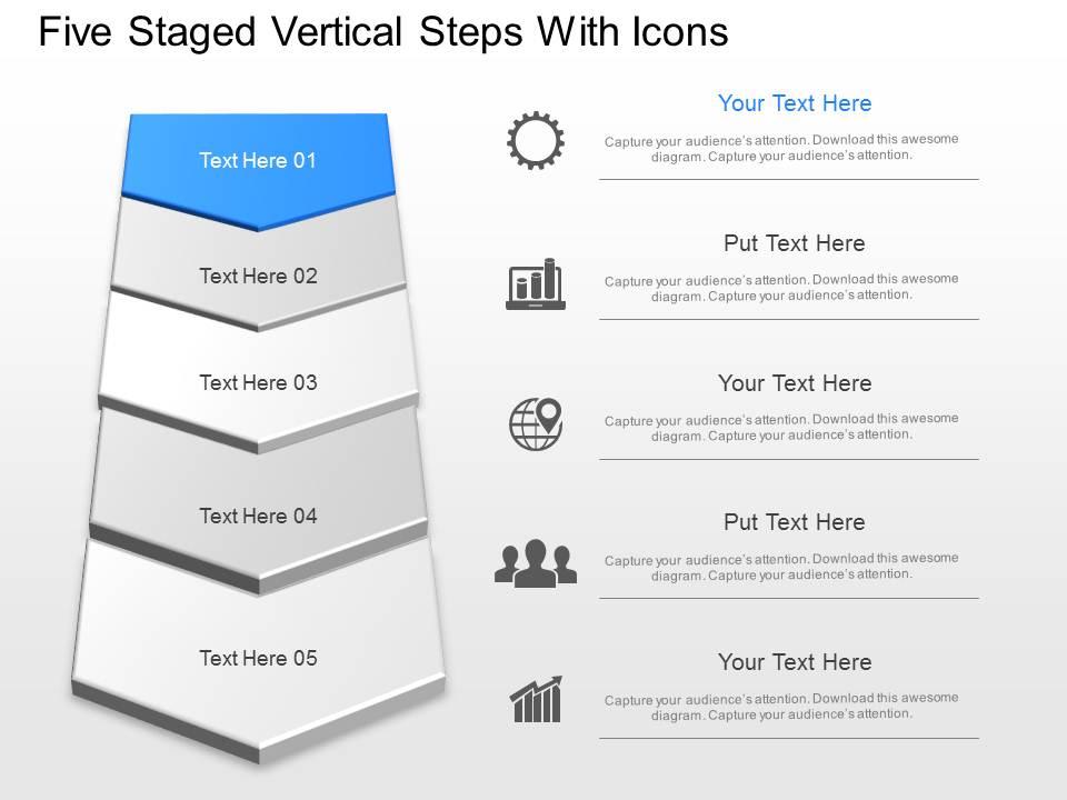 In five staged vertical steps with icons powerpoint template Slide01