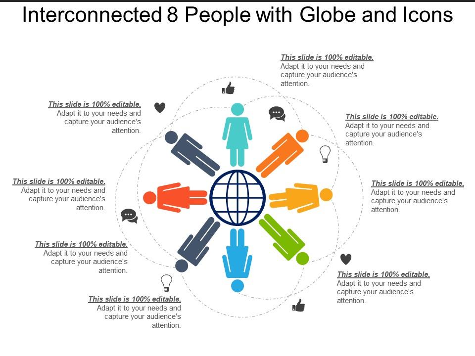 Interconnected 8 people with globe and icons Slide01