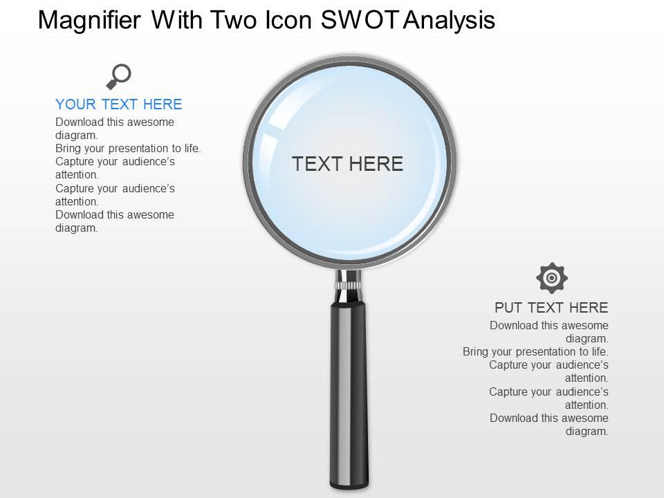 Kb magnifier with two icons swot analysis powerpoint template Slide01