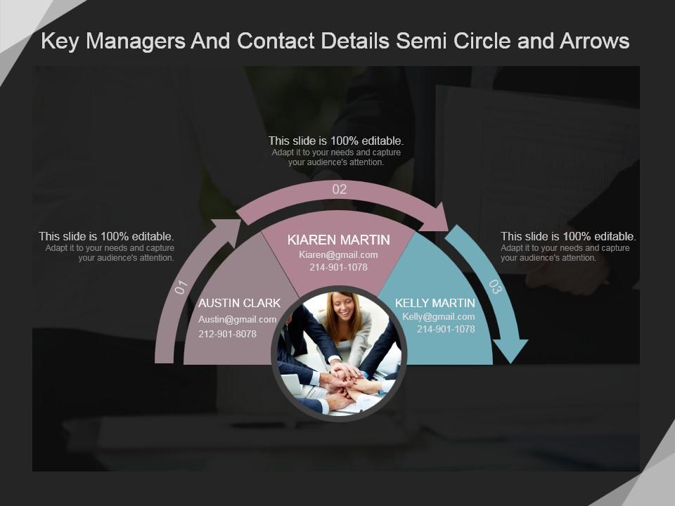 Key managers and contact details semi circle and arrows ppt icon Slide01