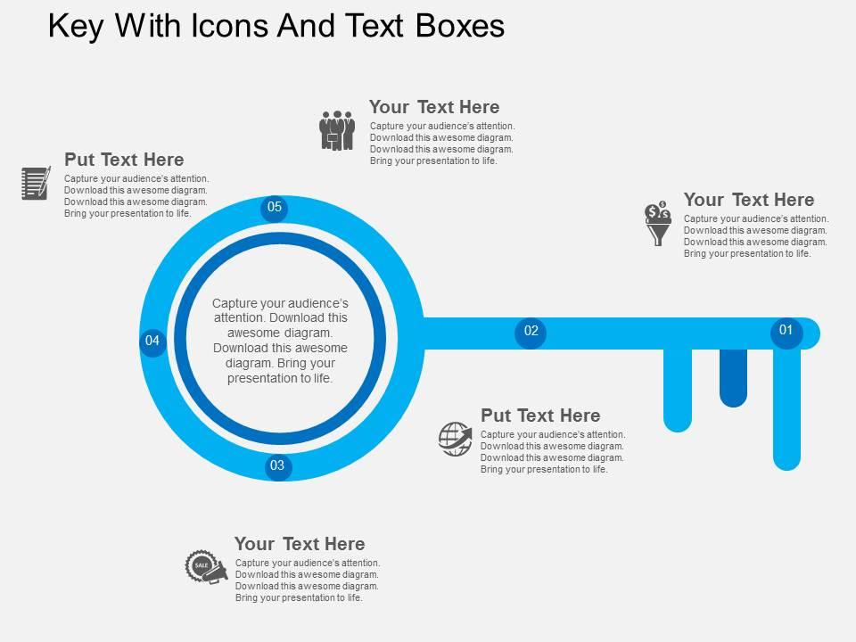 Key with icons and text boxes flat powerpoint design Slide01