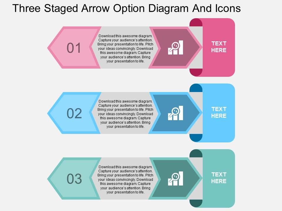 Kq three staged arrow option diagram and icons flat powerpoint design Slide01