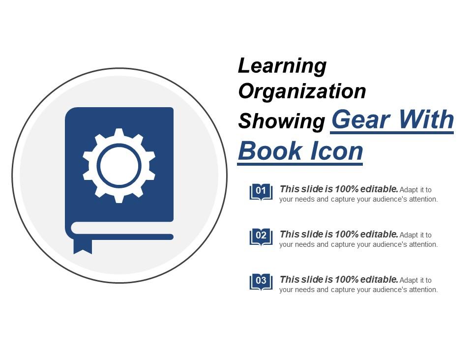 Learning organization showing gear with book icon Slide01