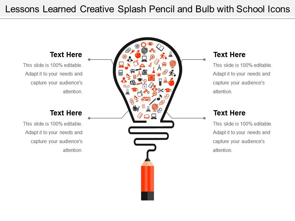 Lessons learned creative splash pencil and bulb with school icons Slide01