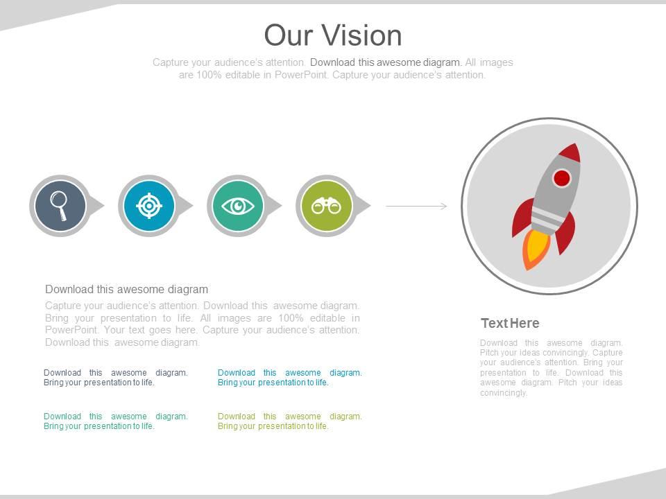 Linear flow diagram with rocket and business icons for business vision powerpoint slides Slide01