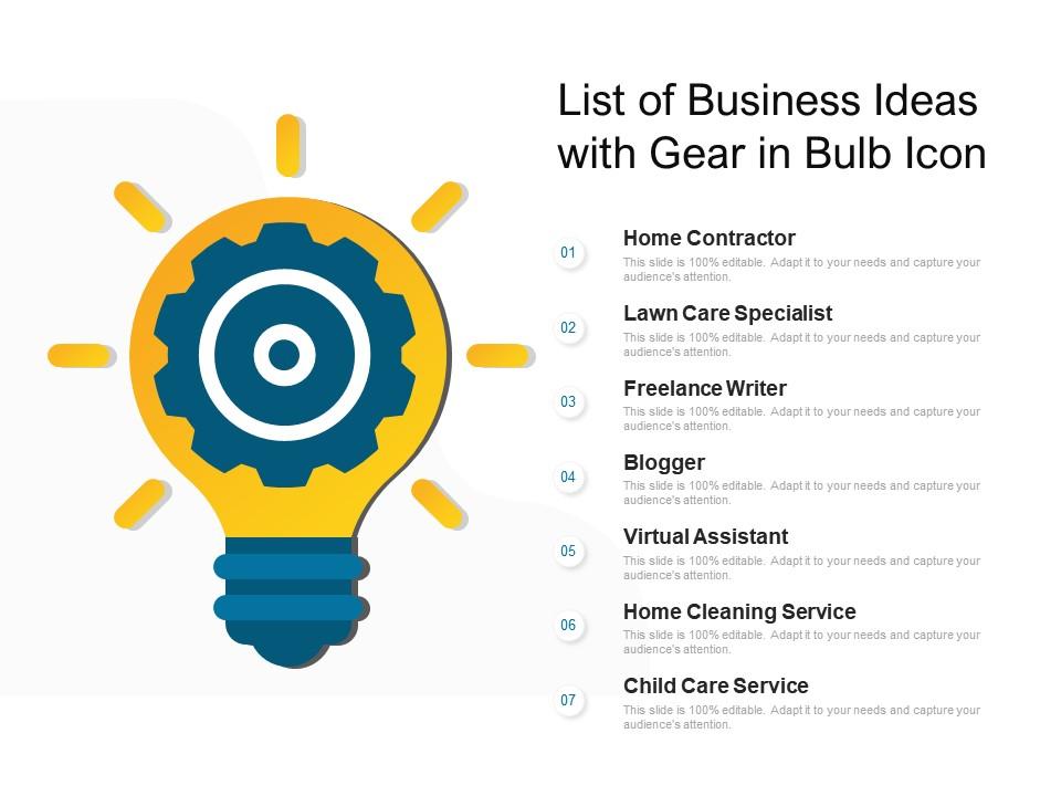 List of business ideas with gear in bulb icon Slide01