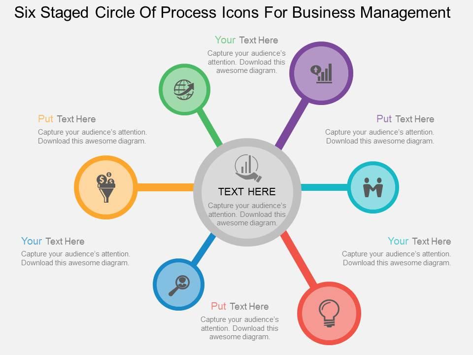 Lt six staged circle of process icons for business management flat powerpoint design Slide01