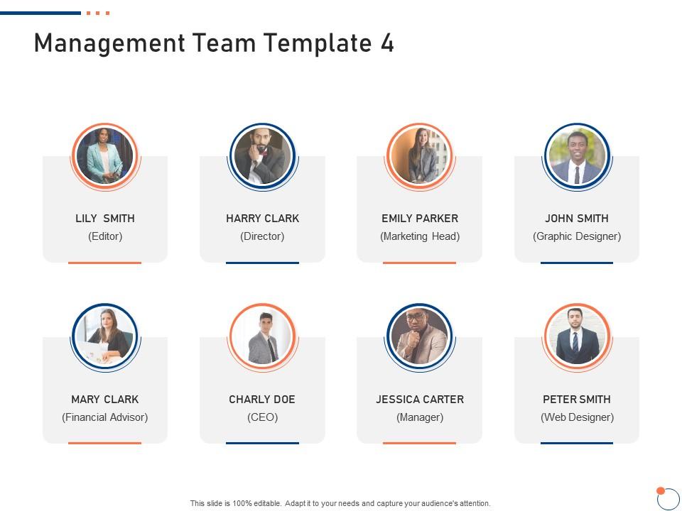 Management team template 4 investor pitch deck for startup fundraising ppt icon slide Slide01