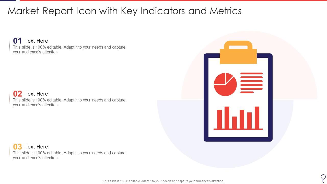 Market Report Icon With Key Indicators And Metrics Slide01