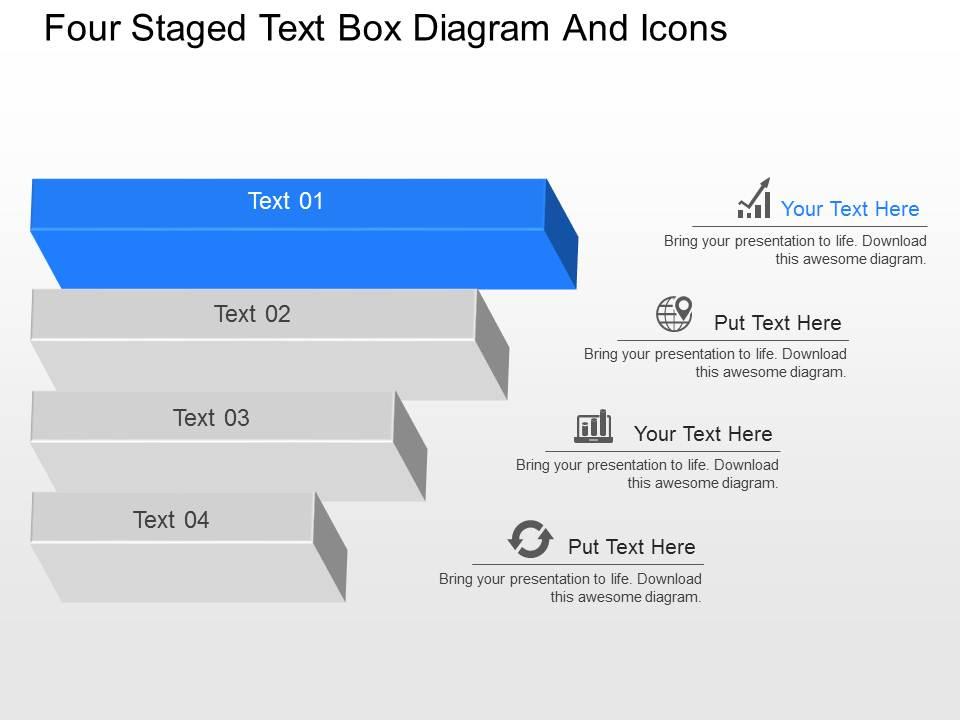 Mc four staged text box diagram and icons powerpoint template Slide01