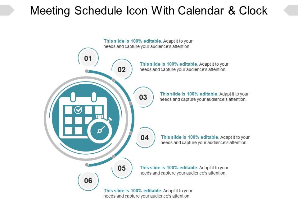 Meeting schedule icon with calendar and clock ppt diagrams Slide01