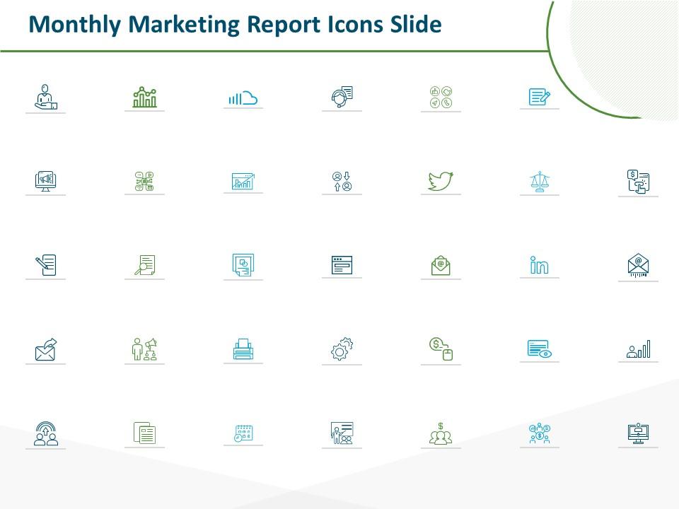 Monthly marketing report icons slide ppt powerpoint presentation show example file Slide01