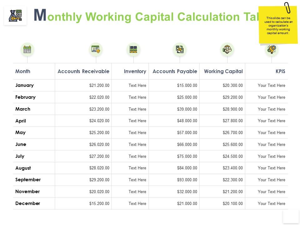 Monthly working capital calculation table month ppt powerpoint presentation icon Slide01