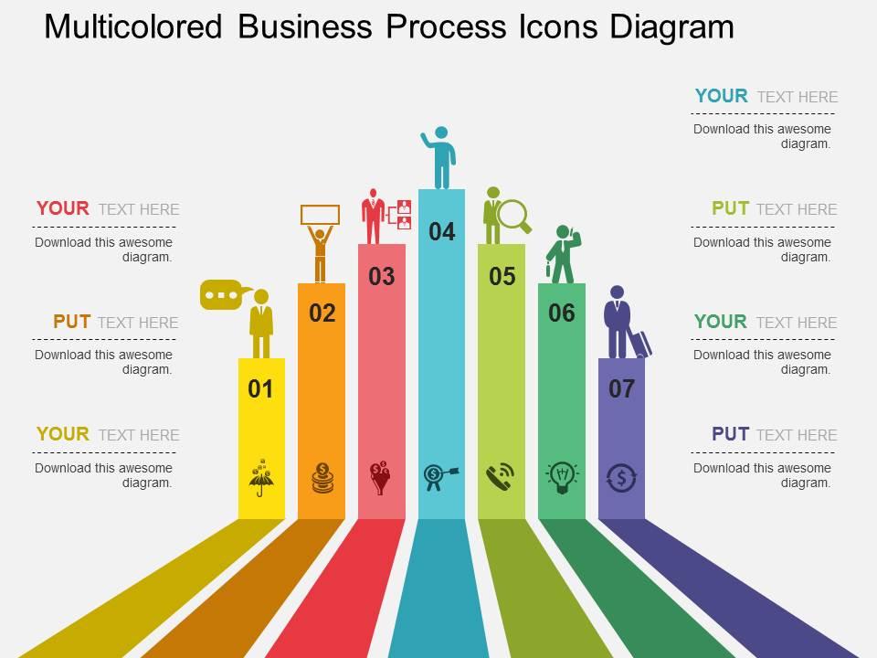Multicolored business process icons diagram flat powerpoint design Slide01