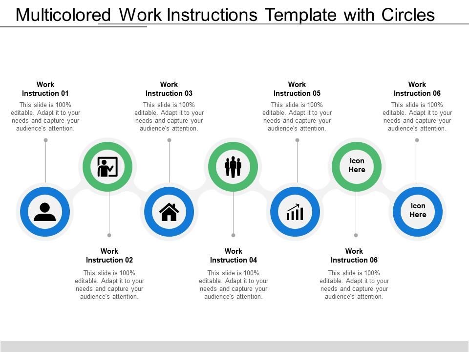 Multicolored work instructions template with circles and icons Slide01