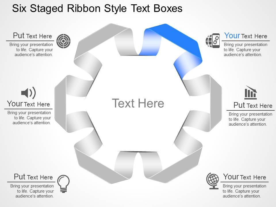 Mz six staged ribbon style text boxes and icons powerpoint template Slide01