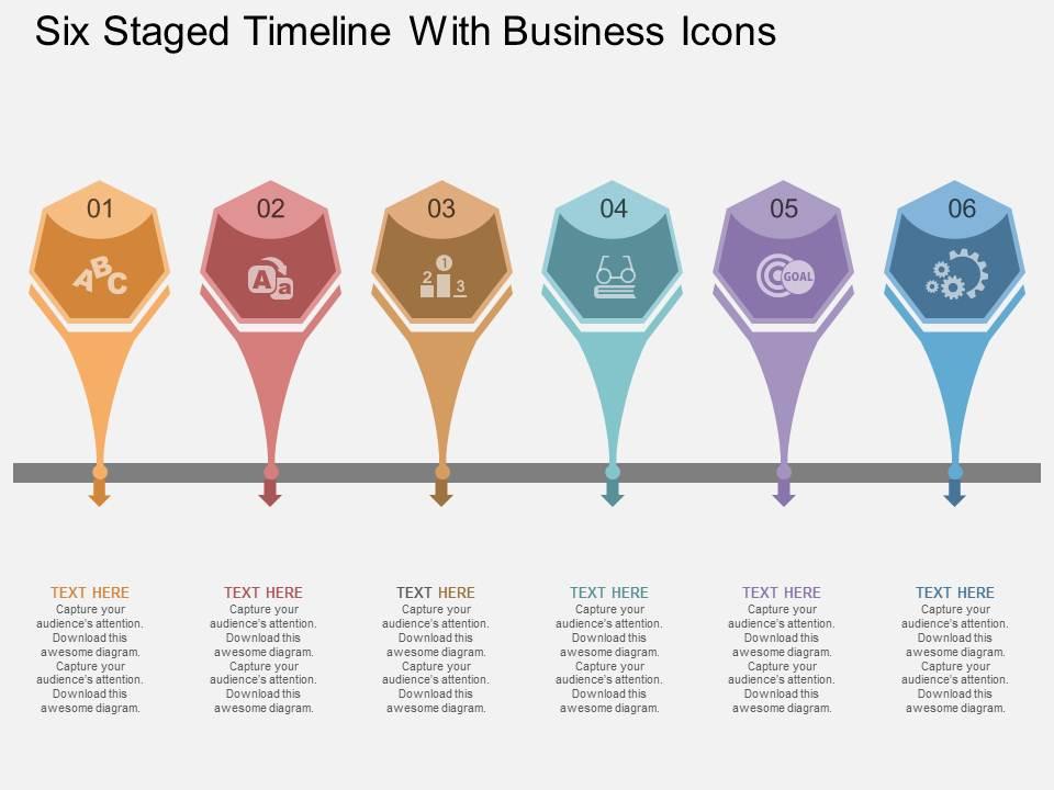Na six staged timeline with business icons flat powerpoint design Slide01