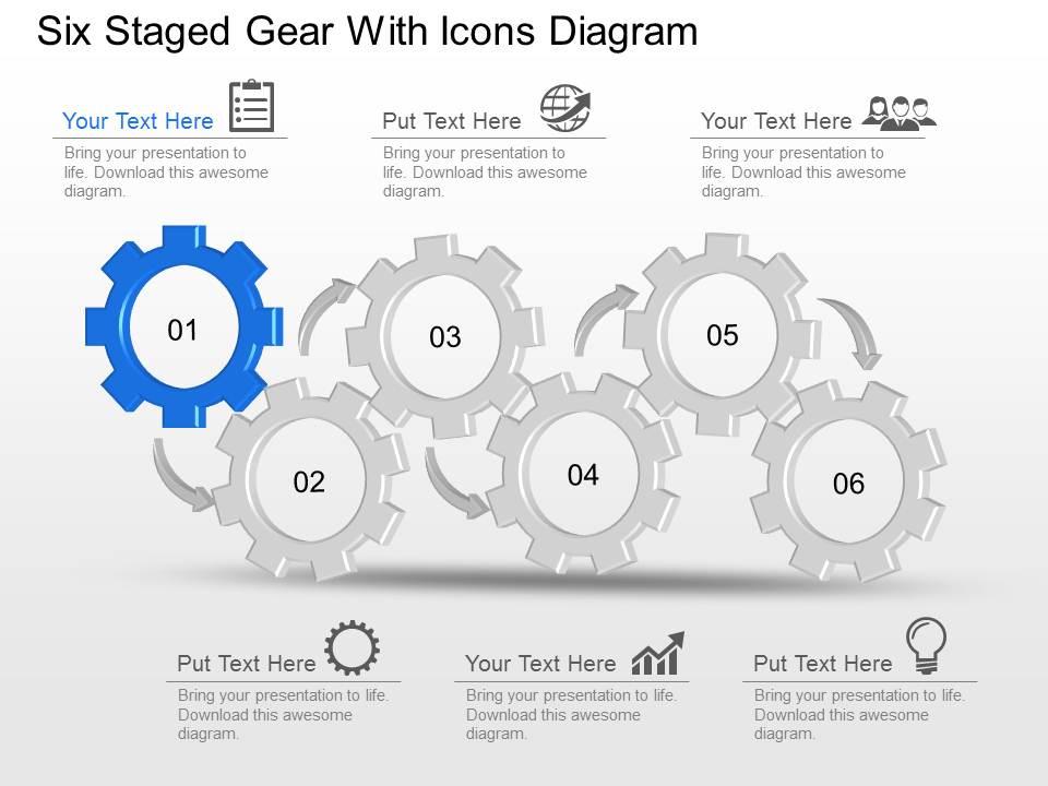 Nd six staged gear with icons diagram powerpoint template slide Slide01