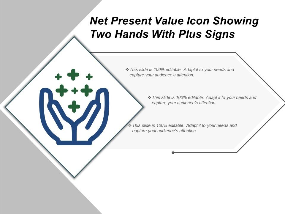 Net present value icon showing two hands with plus signs Slide01