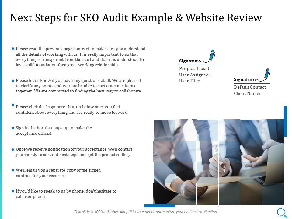 Next steps for seo audit example and website review ppt powerpoint icon vector Slide01