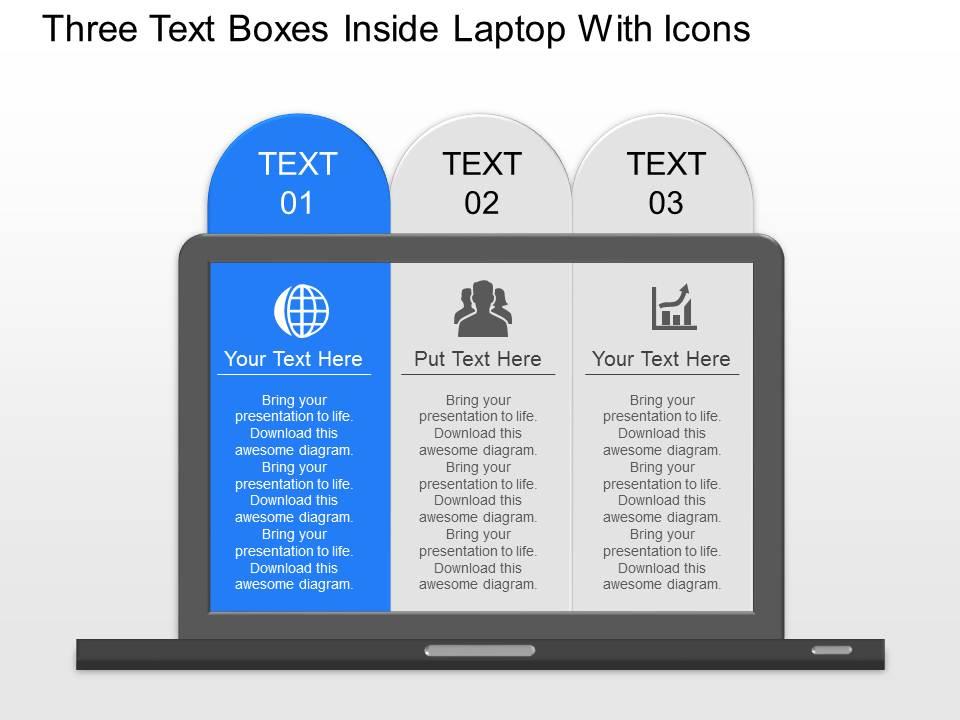 Oc three text boxes inside laptop with icons powerpoint template Slide01