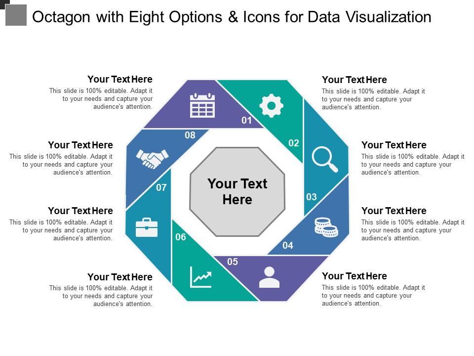 Octagon with eight options and icons for data visualization Slide01