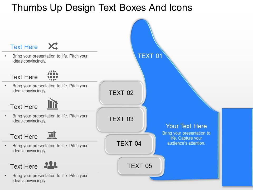 Of thumbs up design text boxes and icons powerpoint template Slide01