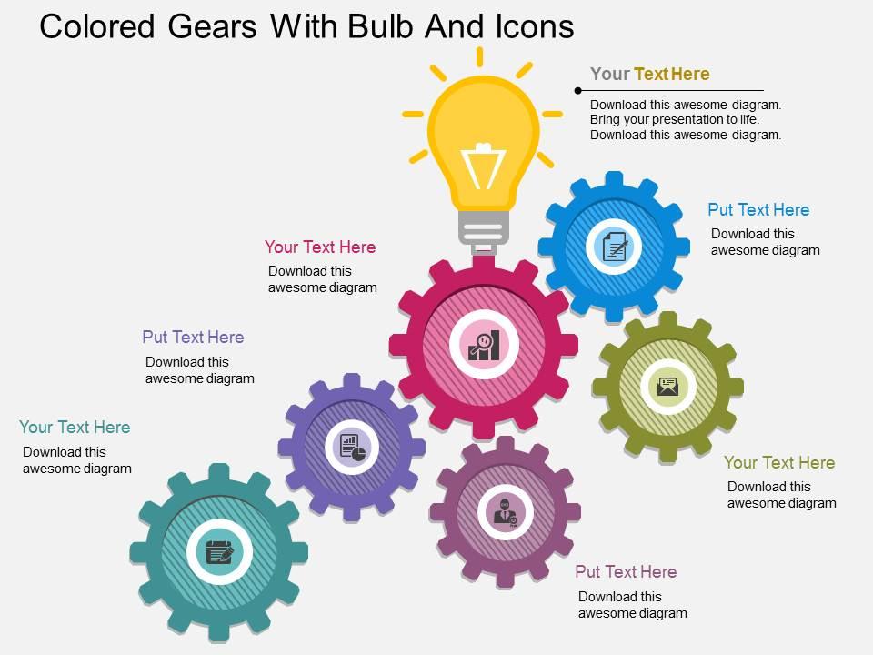 Og colored gears with bulb and icons flat powerpoint design Slide01