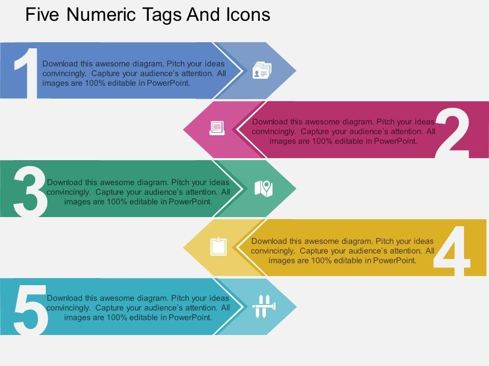 Ok five numeric tags and icons flat powerpoint design Slide01