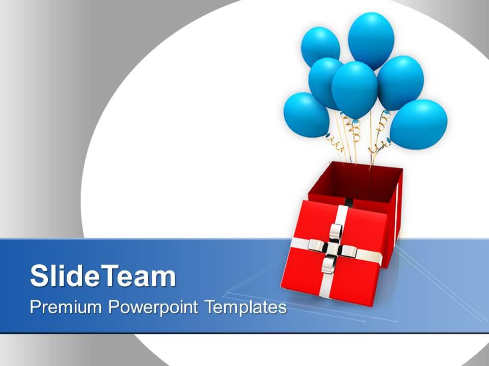 Opened gift box with blue balloons powerpoint templates ppt themes and graphics 0113 Slide01