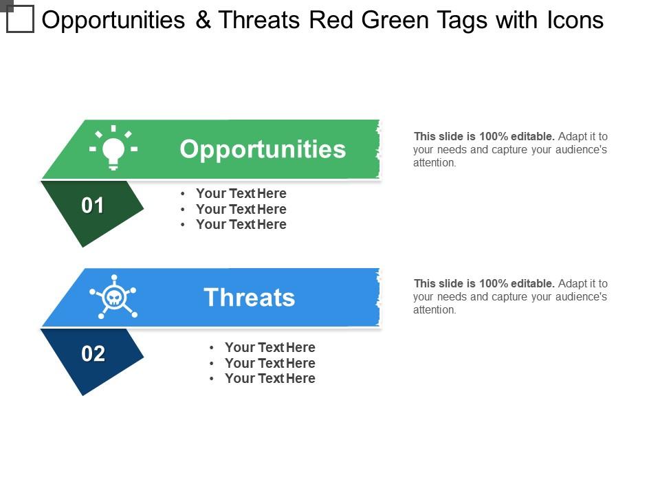 Opportunities and threats red green tags with icons Slide01