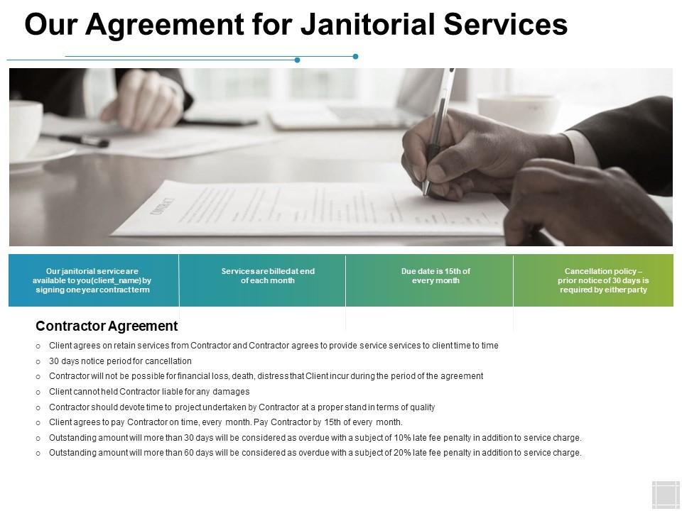 Our agreement for janitorial services agenda ppt powerpoint presentation icon ideas Slide01