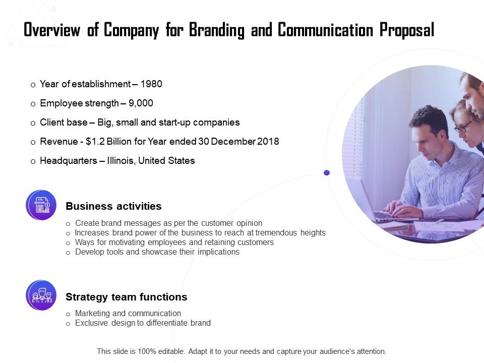 Overview of company for branding and communication proposal ppt icons Slide01