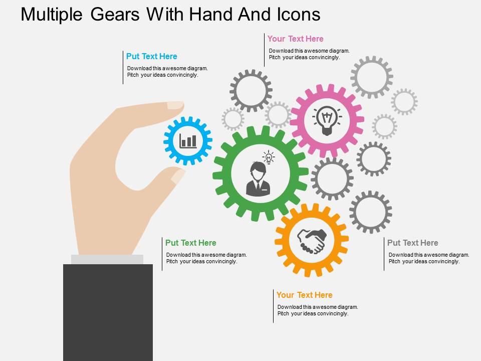 Ox multiple gears with hand and icons flat powerpoint design Slide01