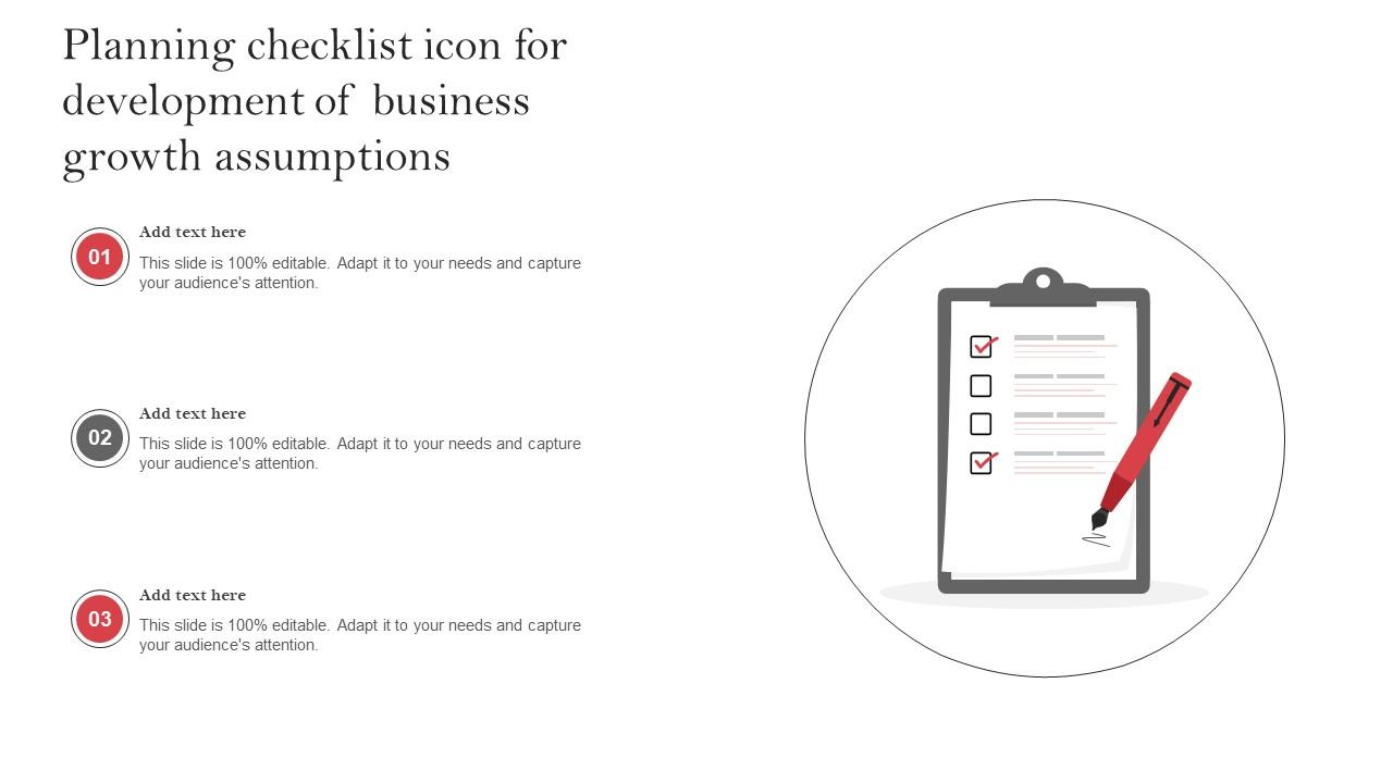 Planning Checklist Icon For Development Of Business Growth Assumptions