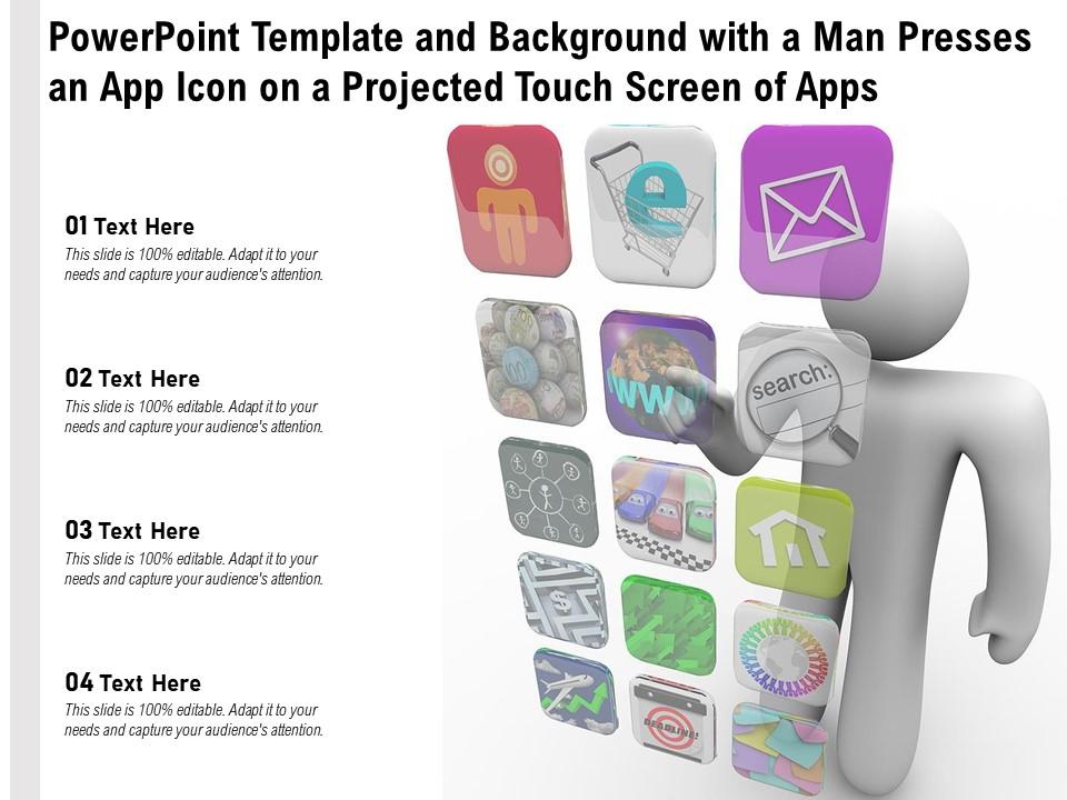 Powerpoint template and background with a man presses an app icon on a projected touch screen of apps Slide01