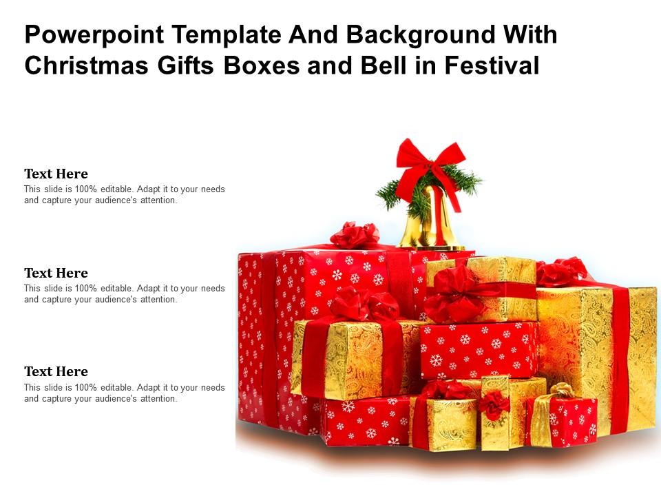 Powerpoint template and background with christmas gifts boxes and bell in festival Slide01