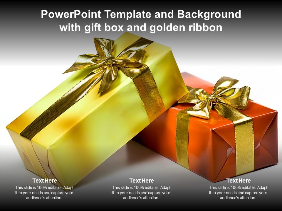 Powerpoint template and background with gift box and golden ribbon Slide01