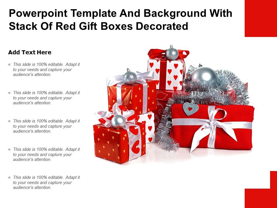 Powerpoint template and background with stack of red gift boxes decorated Slide01