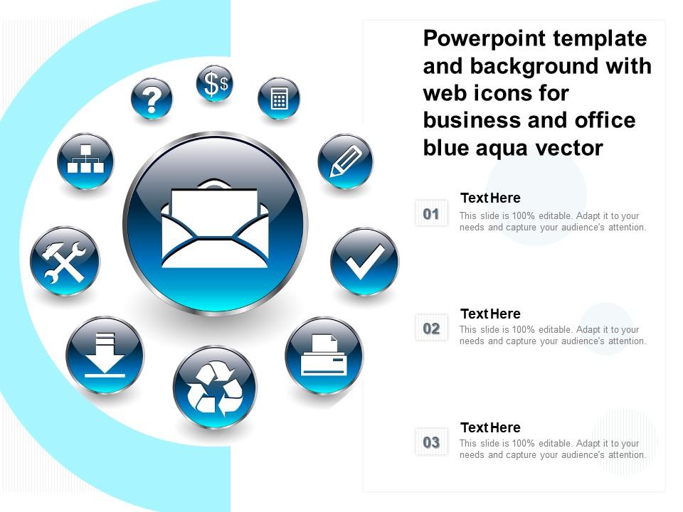 Powerpoint template and background with web icons for business and office blue aqua vector Slide01