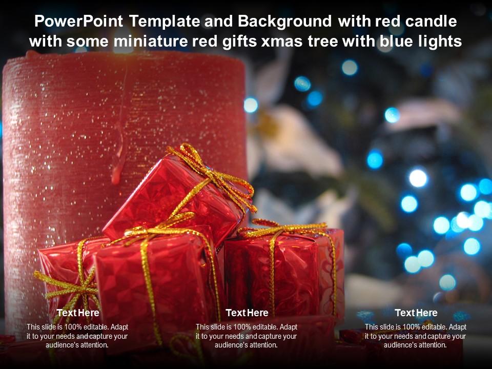Powerpoint template with red candle with some miniature red gifts xmas tree with blue lights Slide01