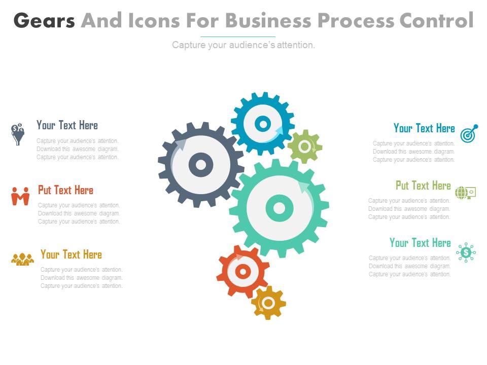 Ppt six gears and icons for business process control flat powerpoint design Slide01