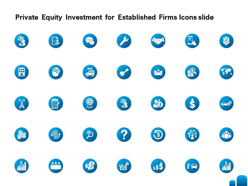 Private equity investment for established firms icons slide ppt infographics Slide01