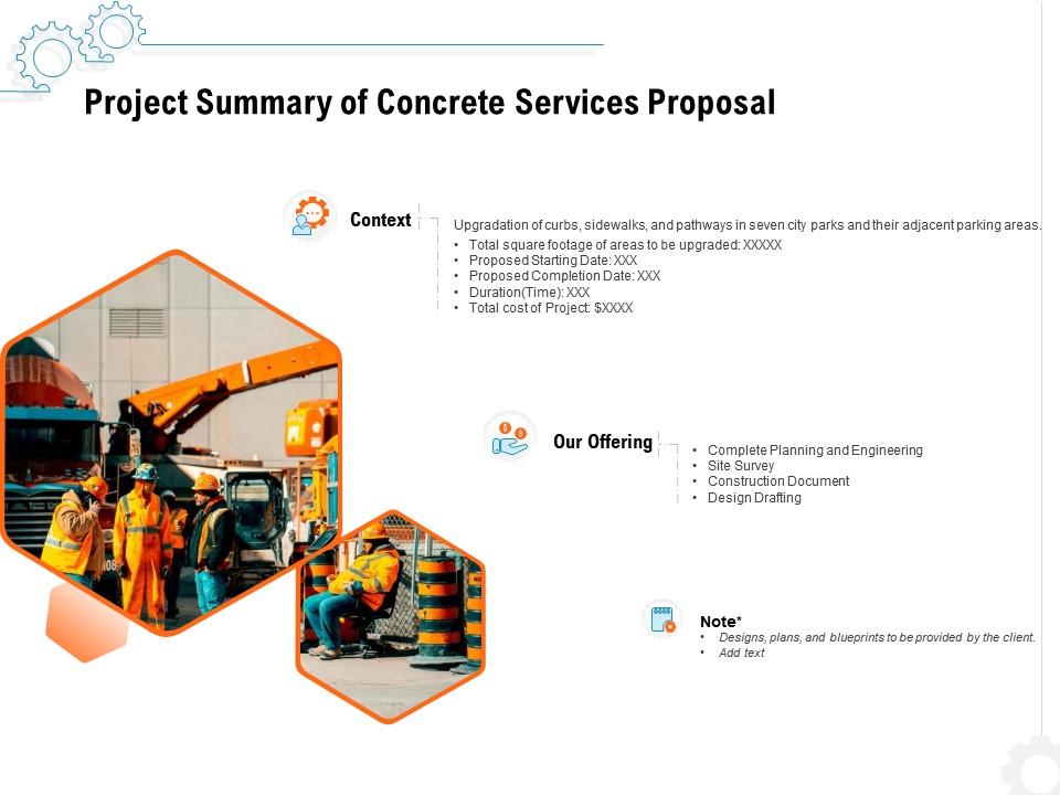 Project summary of concrete services proposal ppt powerpoint presentation icon template Slide01