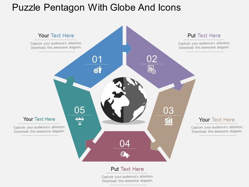 Puzzle pentagon with globe and icons flat powerpoint design Slide01
