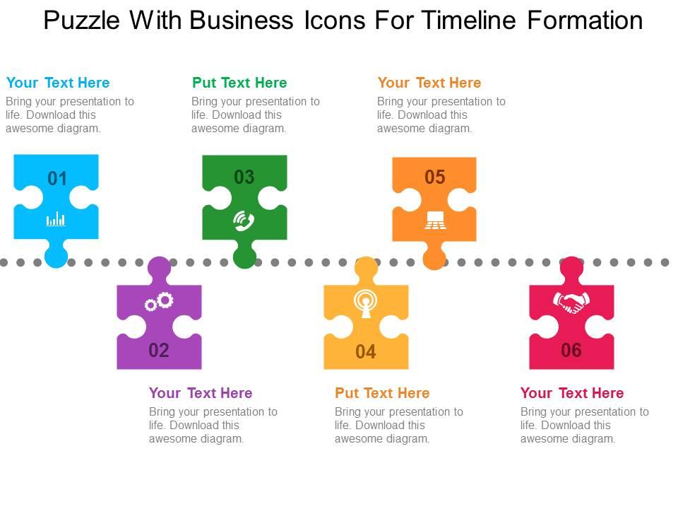 Puzzle with business icons for timeline formation flat powerpoint design Slide01