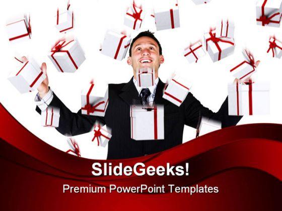 Man with gifts falling business powerpoint background and template 1210 Slide01