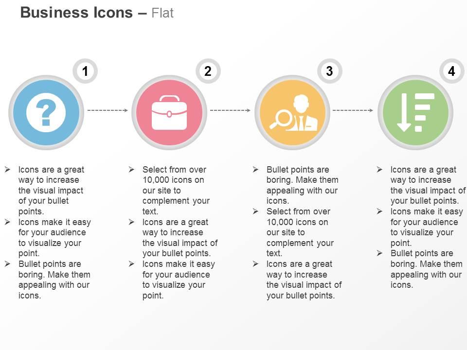 Question mark suitcase search manager sort amount descending ppt icons graphics Slide01