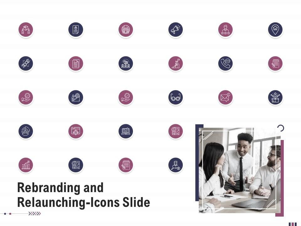 Rebranding and relaunching icons slide rebranding and relaunching ppt template Slide01