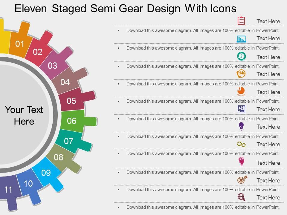 Rh eleven staged semi gear design with icons flat powerpoint design Slide01